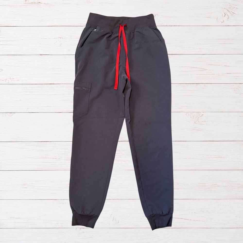 FIGS Zamora Jogger Scrub Pants Charcoal Gray Red Drawstring High Waist S - Picture 2 of 10